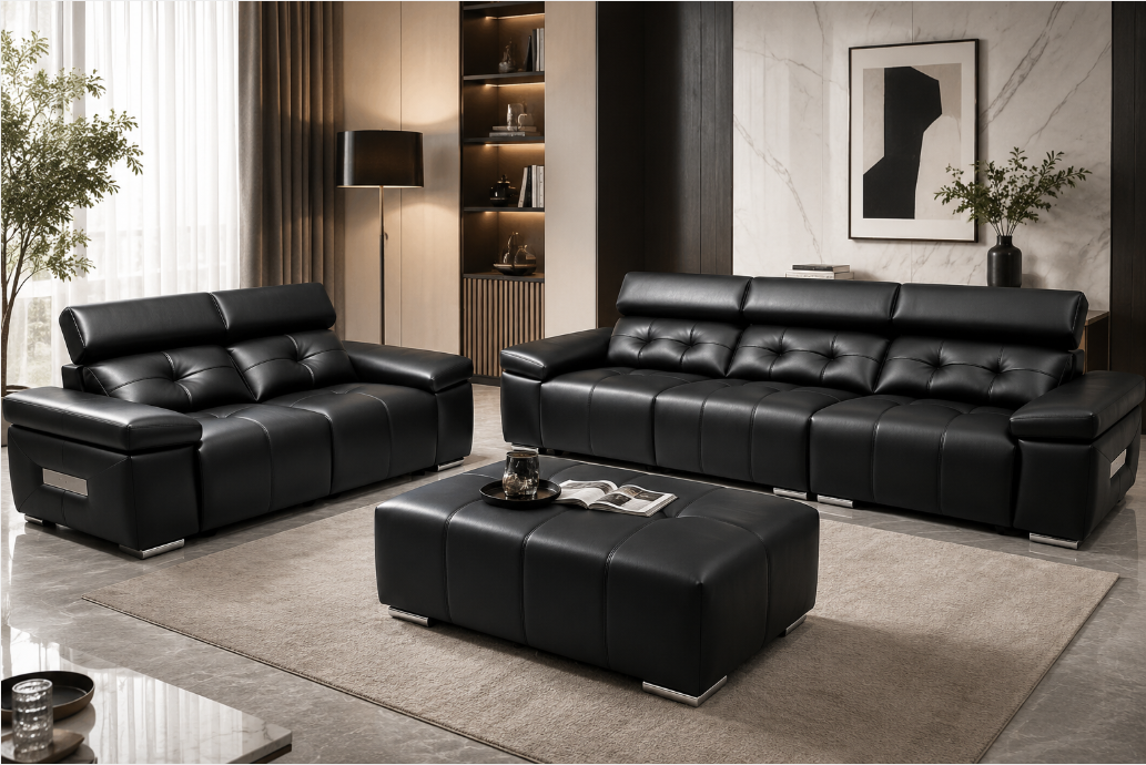 Gangatarayam PU Leather Sofa Combo(3 seater+2 seater+2 stools) Matte Black