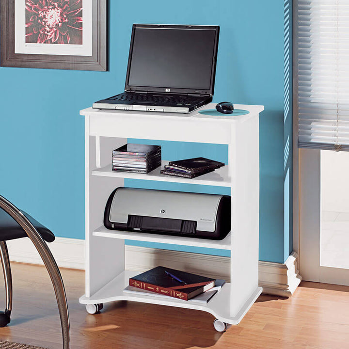 Imperatriz Mobile Desk White Computer Study Table with Storage Shelves &amp; Wheels