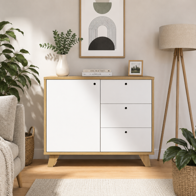 Luziania Modern Oak &amp; White Storage Cabinet with Drawers
