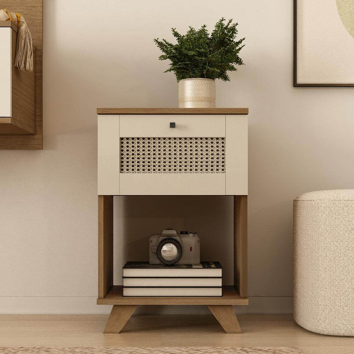 Santa Rita Bedside Table Rattan Style Side Table with Drawer &amp; Shelf