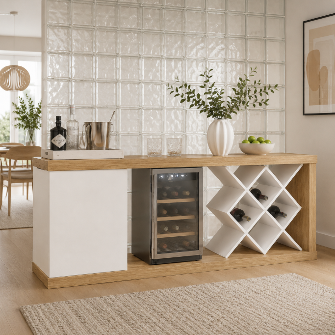 Sao Luis Modern Wine Bar Cabinet with Wine Rack & Mini Fridge Space – Oak & White Console Table