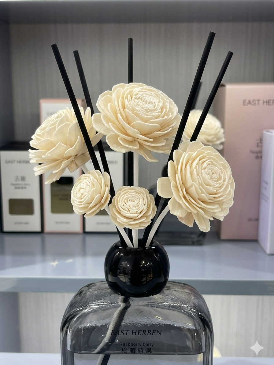 EAST HERBEN 150ml Raspberry Berry Reed Diffuser – Smoke-Grey Glass with Decorative Sola Flower