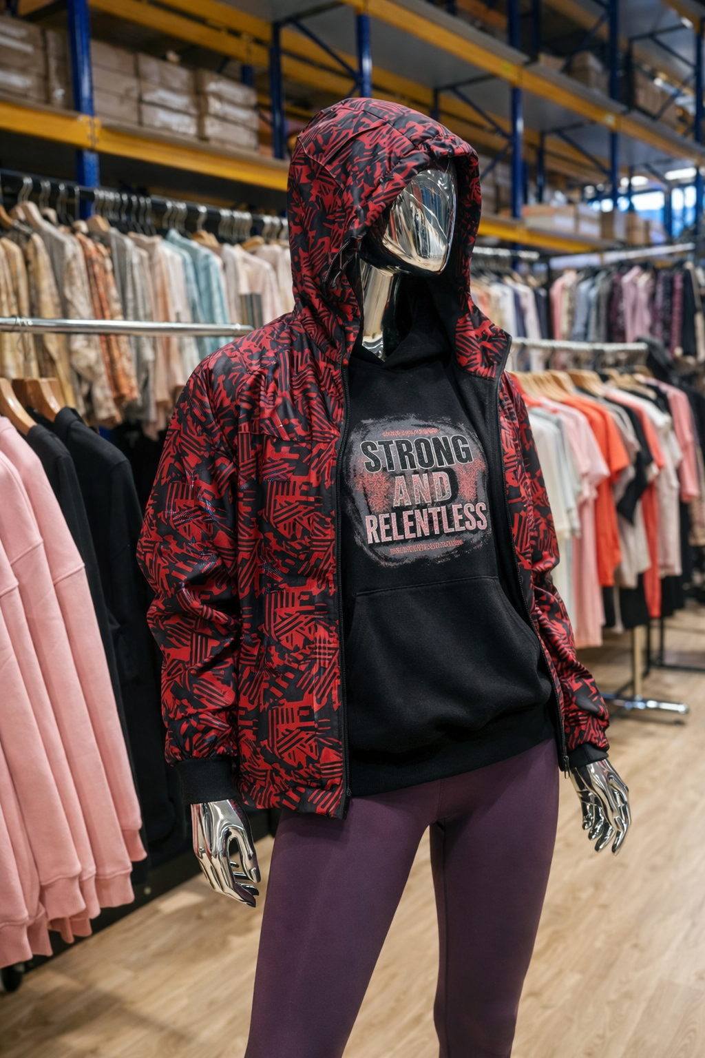 Relentless Spirit Activewear Set – Red Patterned Jacket &amp; Black Hoodie