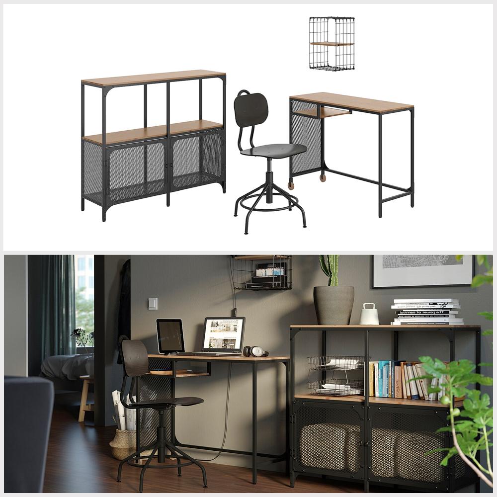 Ikea FJALLBO/KULLABERG / GULLHULT desk and storage combination and swivel chair black/pine