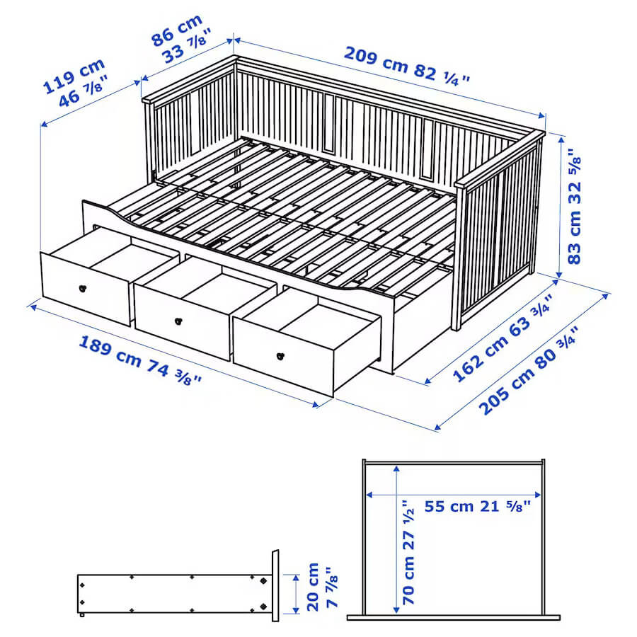 IKEA HEMNES Day-Bed Frame with 3 Drawers, White - No Mattress