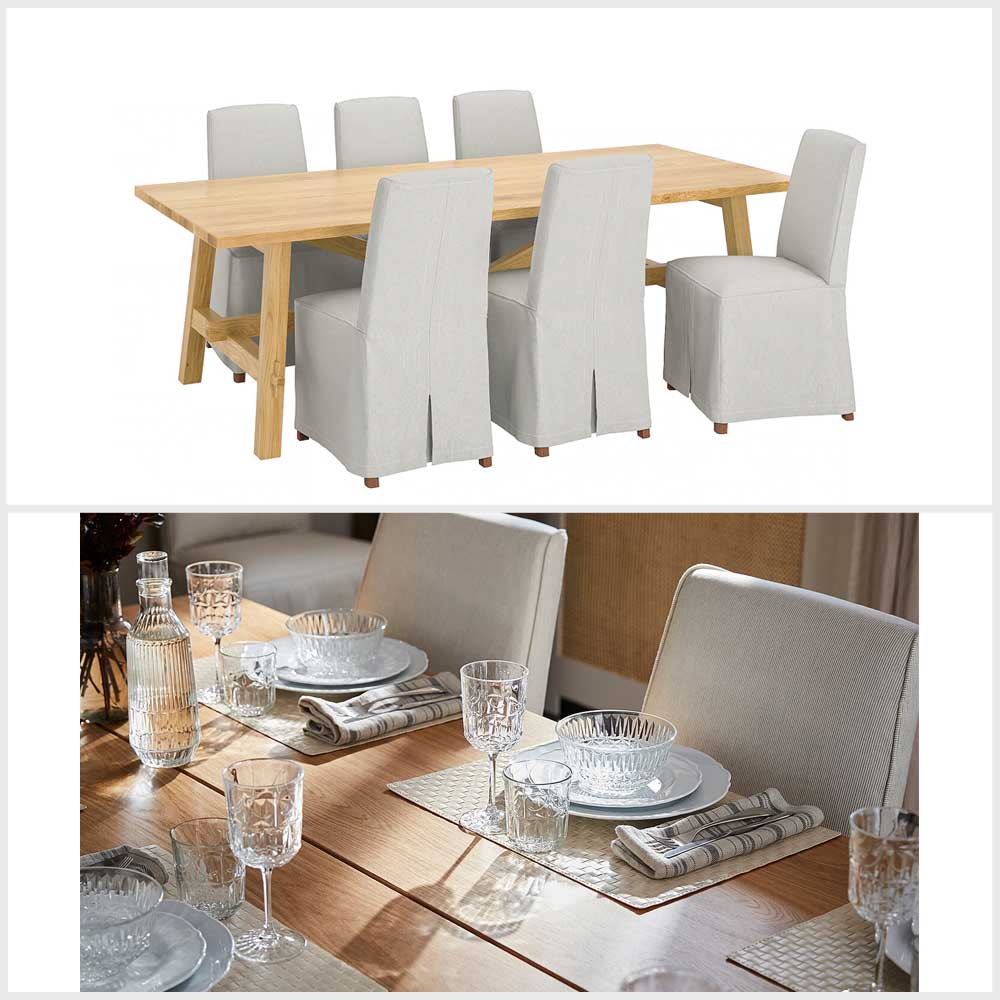 Ikea MOCKELBY/BERGMUND table and 6 chairs oak/Kolboda beige/dark grey 235x100 cm