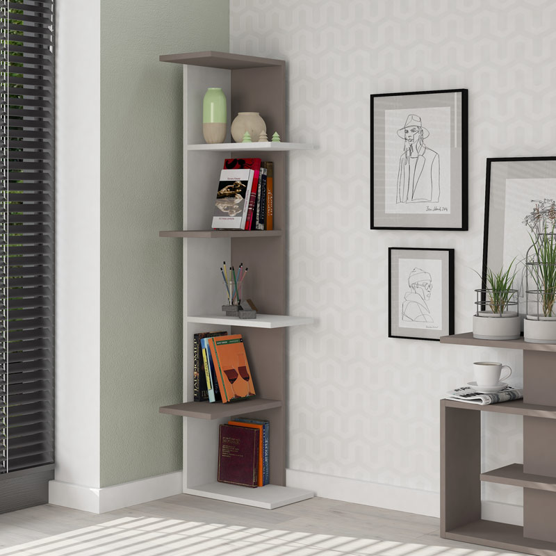 Karasu Corner Bookcase - White - Light Mocha