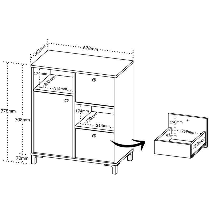 Belem Cabinet with 1 Door and 2 Drawers - Light Oak/ White/ Gray