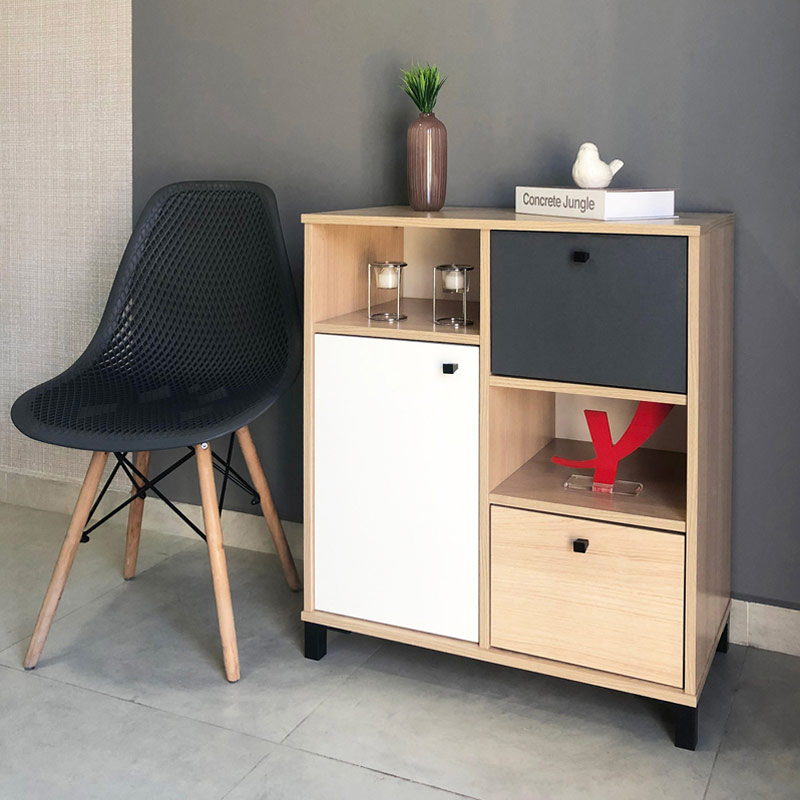 Belem Cabinet with 1 Door and 2 Drawers - Light Oak/ White/ Gray