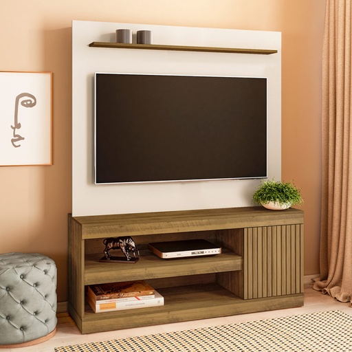 Natal Entertainment Center - Off White/ Slatted Pine