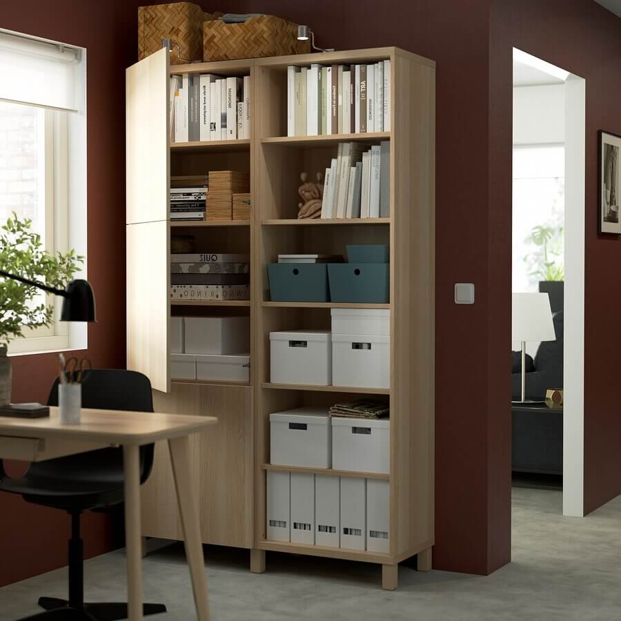 BESTA Storage Combination with Doors, White Stained Oak Effect,120x42x202 cm