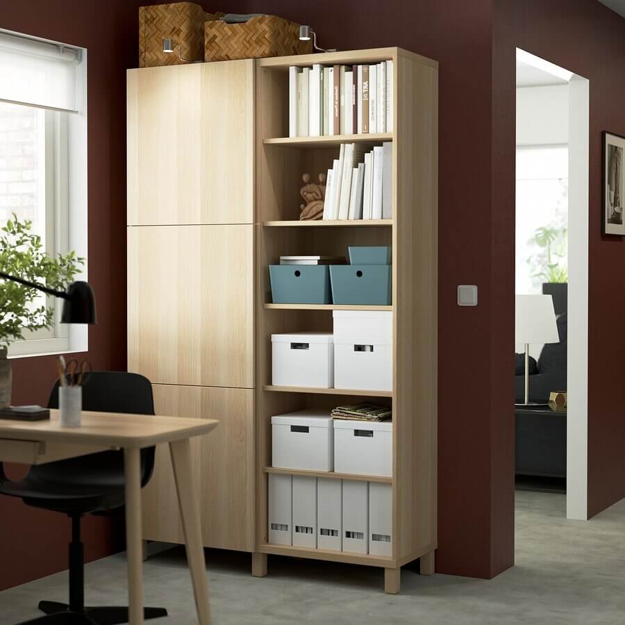 BESTA Storage Combination with Doors, White Stained Oak Effect,120x42x202 cm