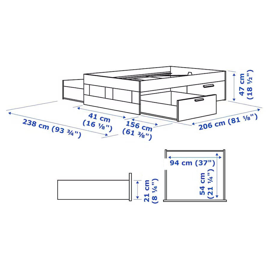 BRIMNES Queen Bed Frame| Storage Boxes| White| Luroy