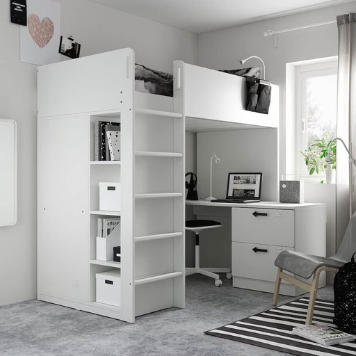 IKEA SMASTAD Loft Bed White White-With Desk with 3 Drawers 90X200 cm