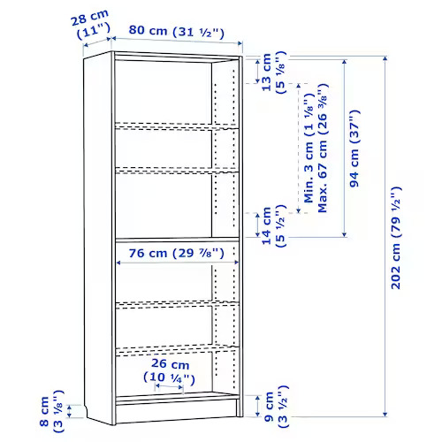 BILLY Bookcase, White, 80X28X202 cm