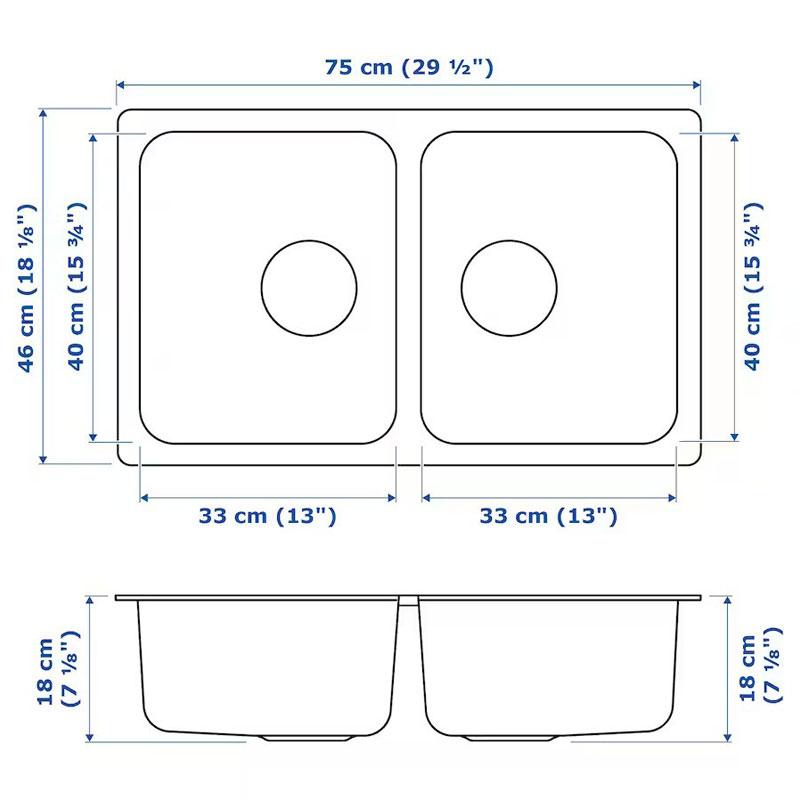 [503.248.89] HILLESJON Inset Sink, 2 Bowls Stainless Steel 75x46 cm