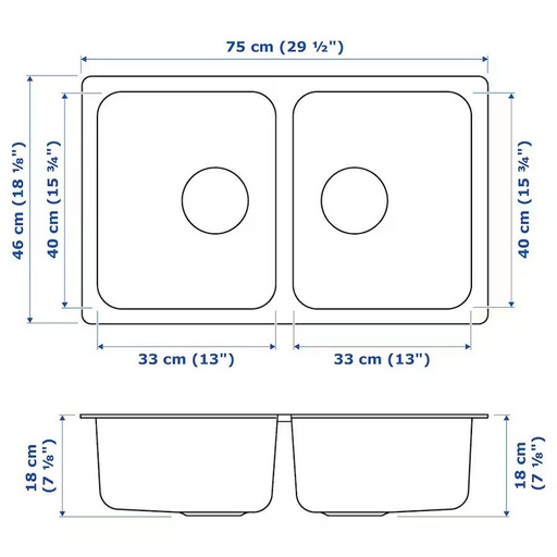 IKEA HILLESJÖN Inset Sink, 2 Bowls, Stainless Steel, 75x46 cm