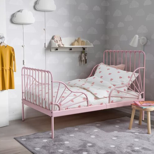 MINNEN ext. bed frame with slatted bed base, light pink, 80x200 cm