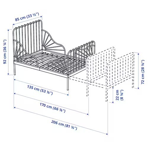 MINNEN ext. bed frame with slatted bed base, light pink, 80x200 cm