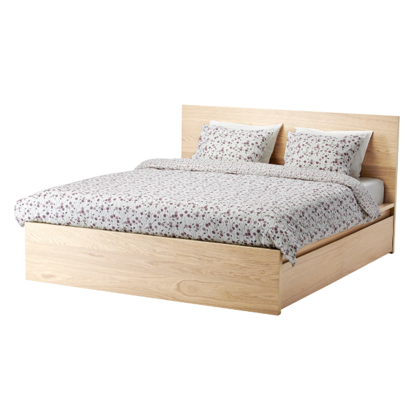 Ikea Malm Queen Bed Frame| 2 Storage Boxes| White stained Oak Veneer| Luroy