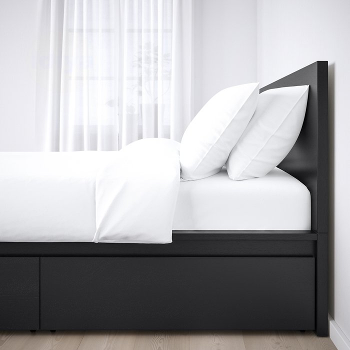 Ikea Malm Queen Bed| 2 Storage Boxes| Black-Brown| High Platform