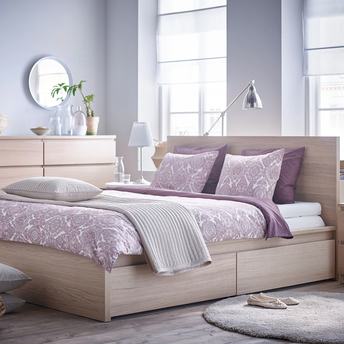 Ikea Malm Super King Bed Frame| 2 Storage Boxes| White Stained Oak Veneer| High Platform Bed