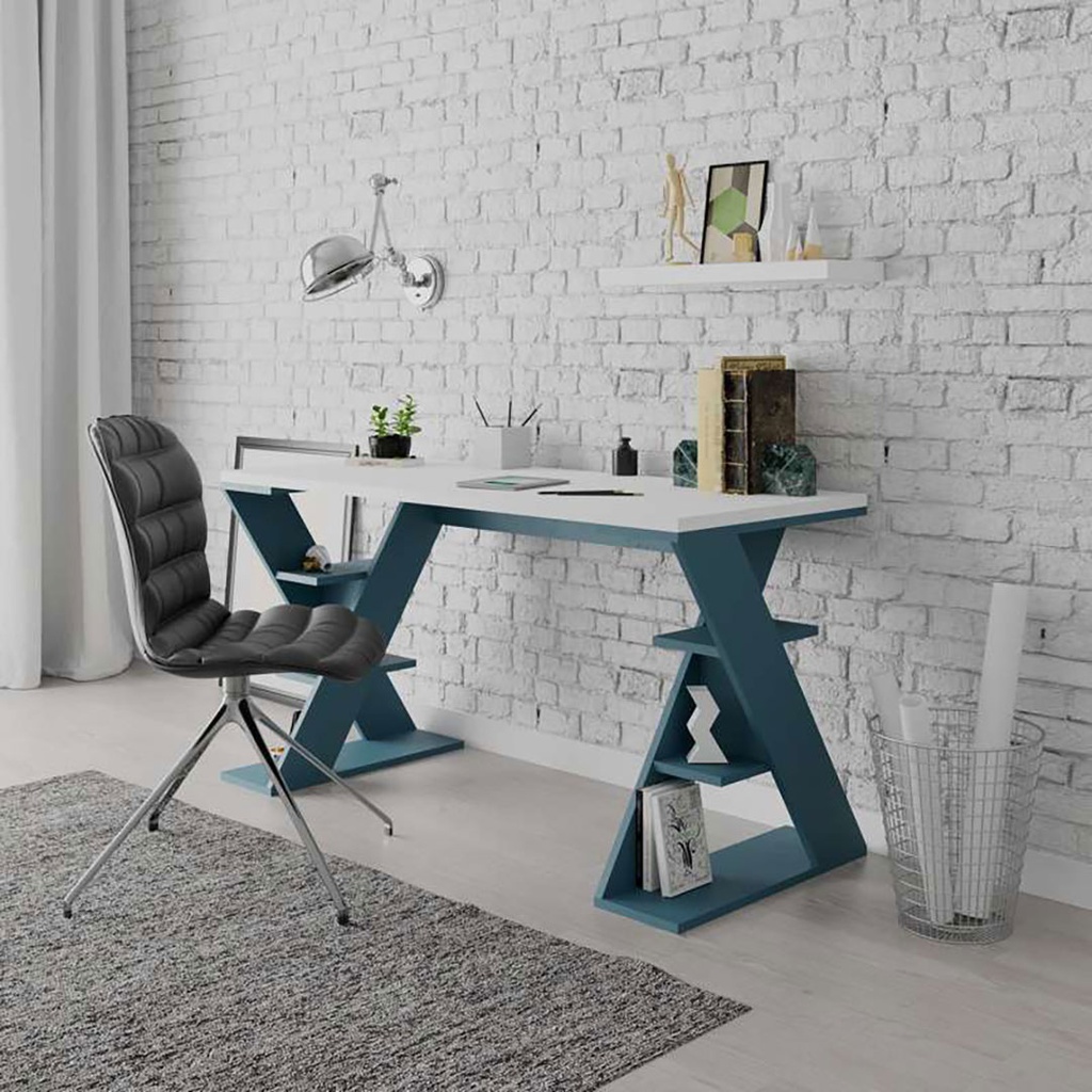 [120.70.133] Usak Working Table - White - Turquoise