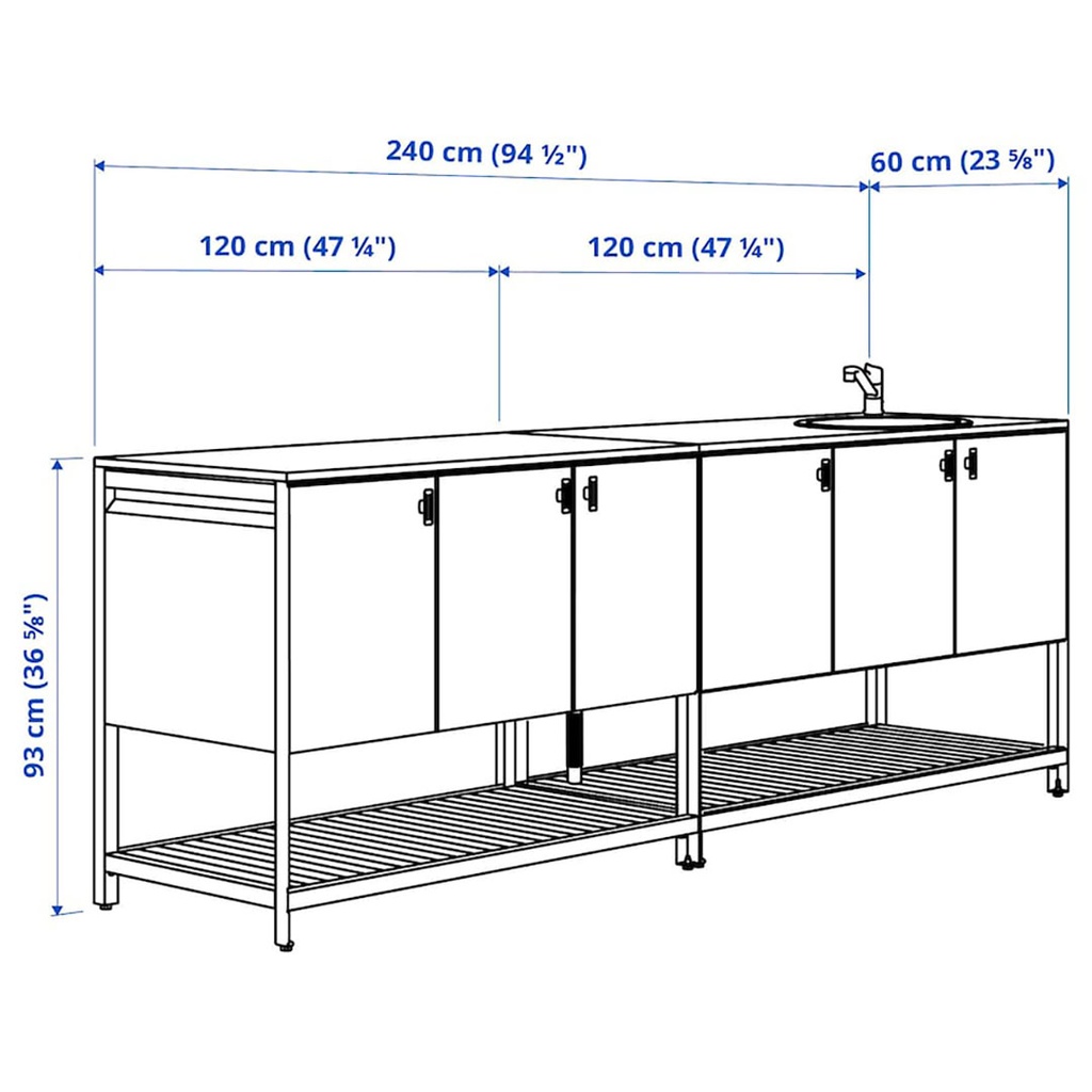 BATSKAR outdoor kitchen with sink unit, dark grey, 240x60 cm