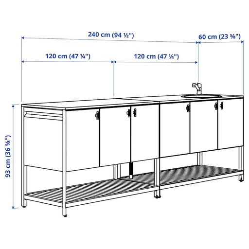 IKEA BÅTSKÄR Outdoor Kitchen with Sink unit, Dark Grey, 240x60cm