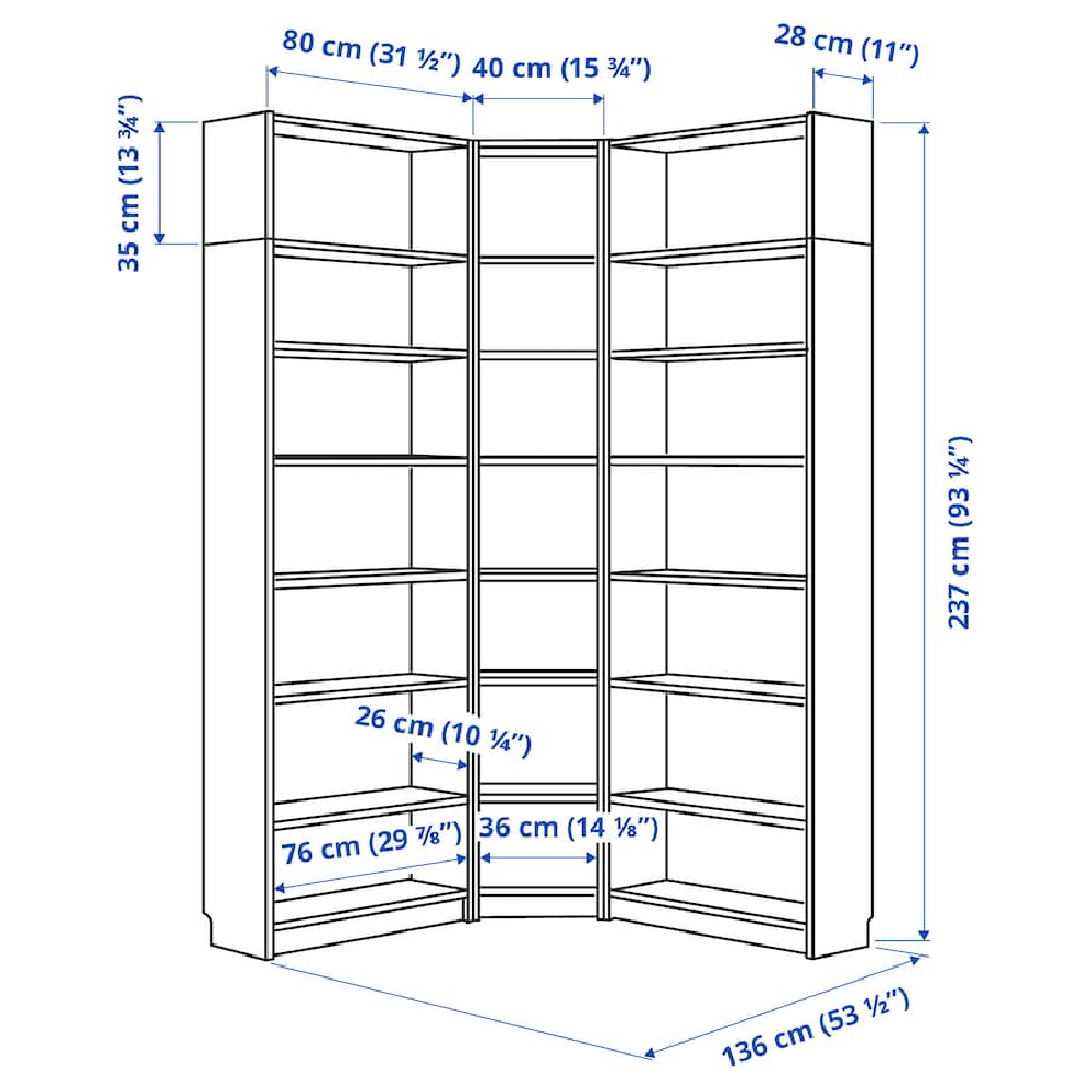 IKEA BILLY bookcase corner comb w ext units oak effect 136/136x28x237 cm