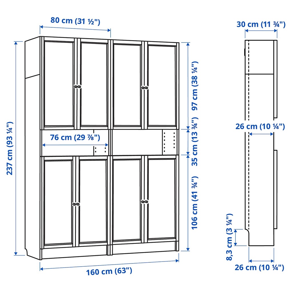 Ikea BILLY OXBERG bookcase w height extension ut/drs, white clear glass, 160x30x237 cm