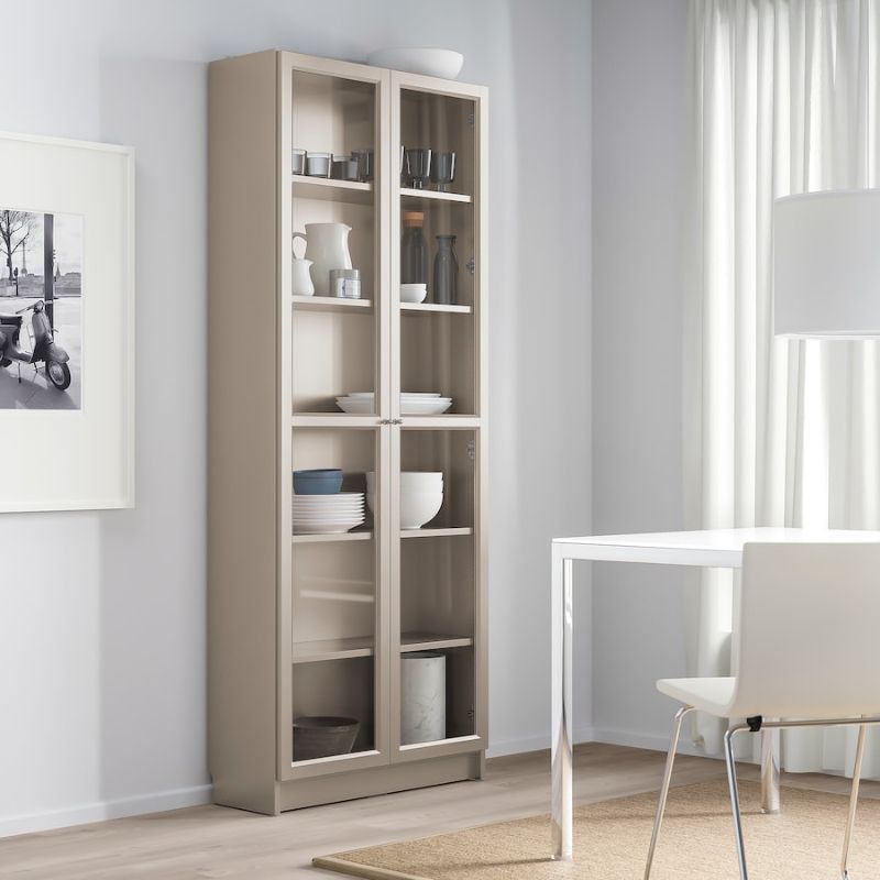 IKEA BILLY Bookcase with Glass-Doors, Grey-Metallic Effect 80X30X202 cm