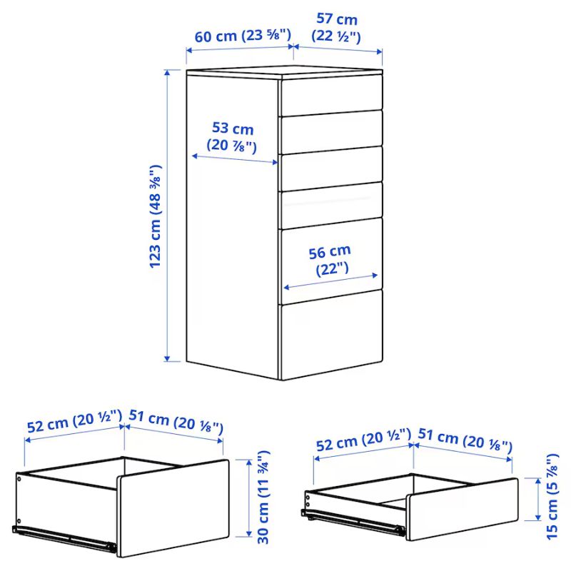 IKEA SMÅSTAD-PLATSA Chest of 6 Drawers White with Frame 60X55X123 cm