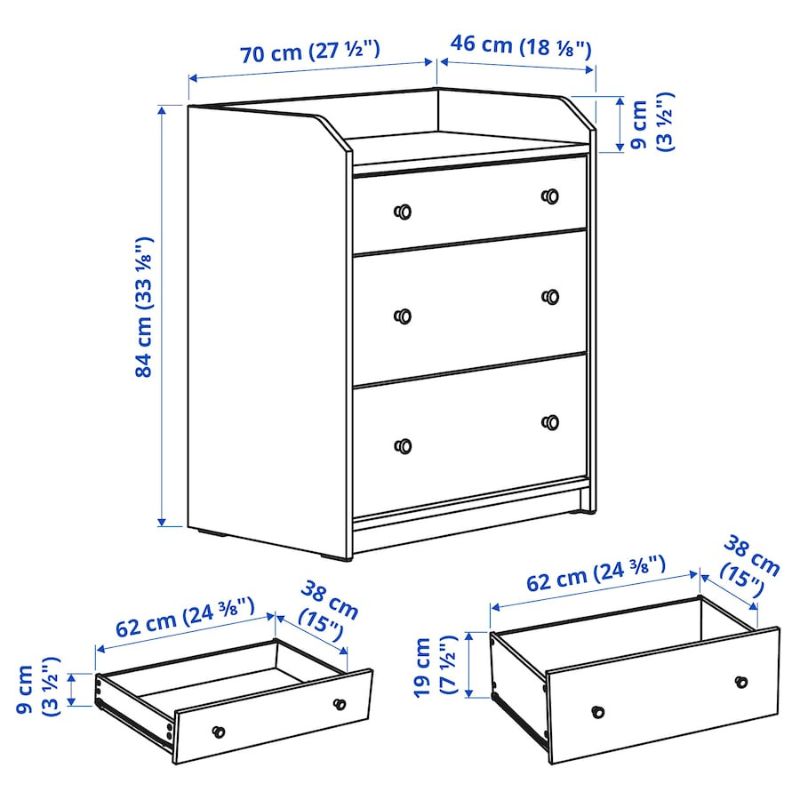 IKEA HAUGA Chest of 3 Drawers White 70X84 cm