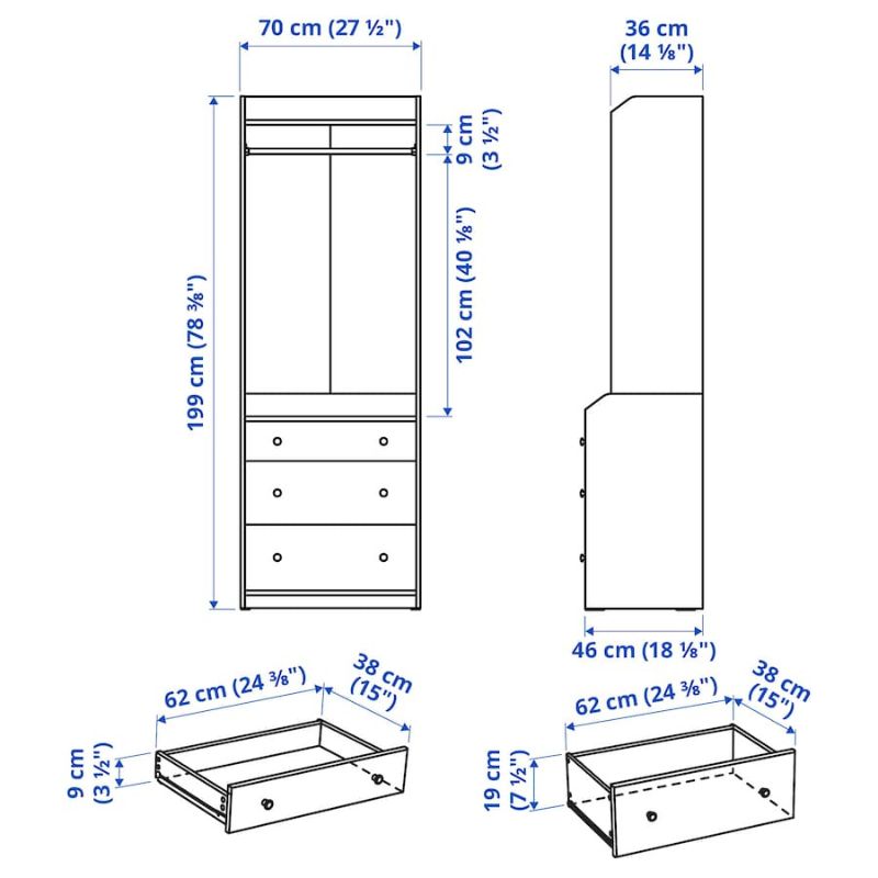 IKEA HAUGA Open Wardrobe with 3 Drawers White 70X199 cm