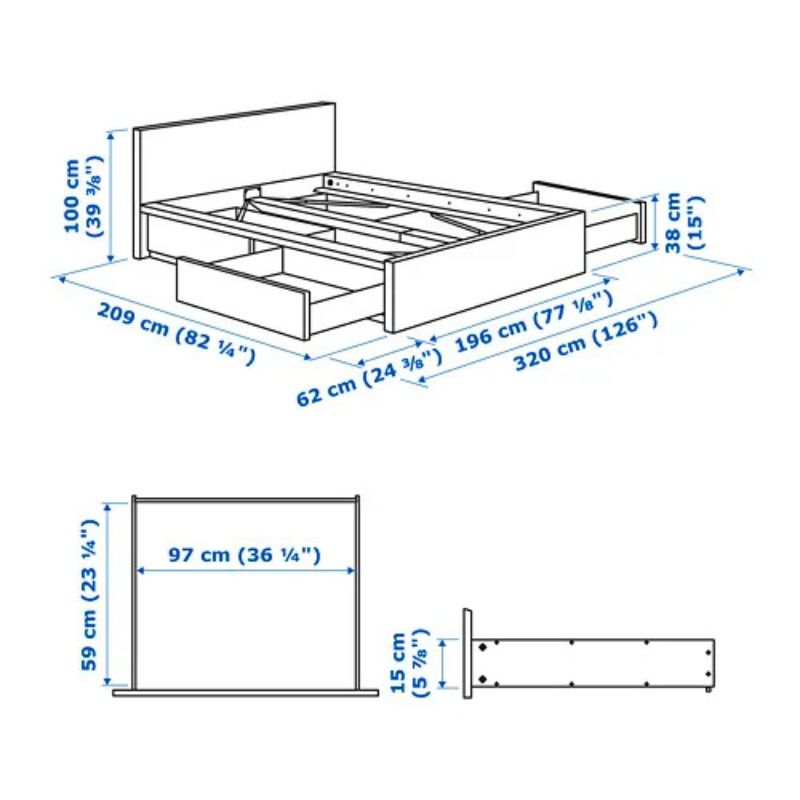 IKEA MALM Bed Frame, High, W 4 Storage Boxes White Stained Oak Veneer, Lonset