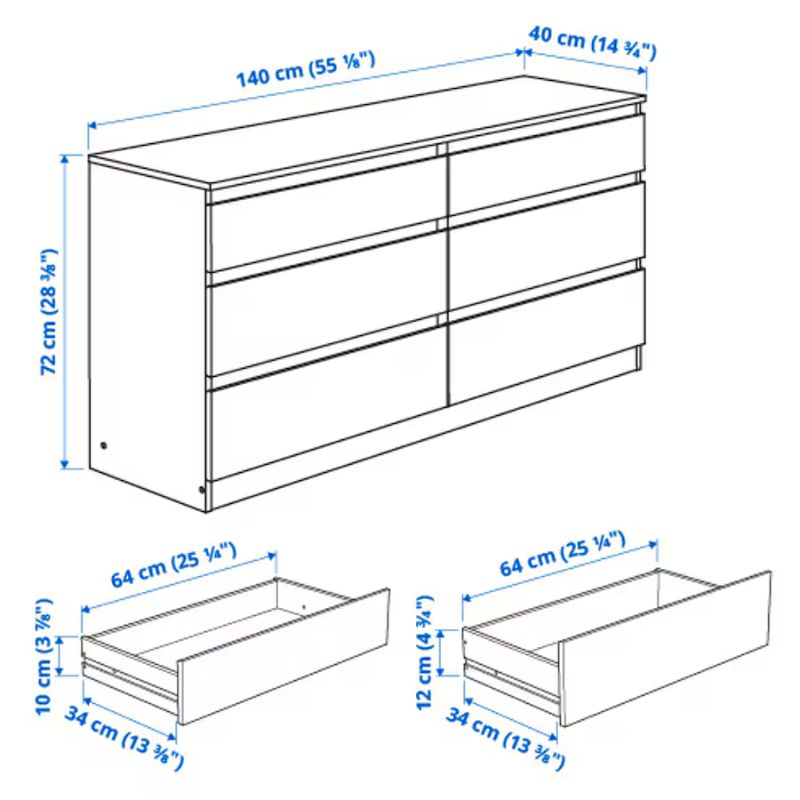 IKEA KULLEN Chest of 6 Drawers,black-brown, 140x72 cm