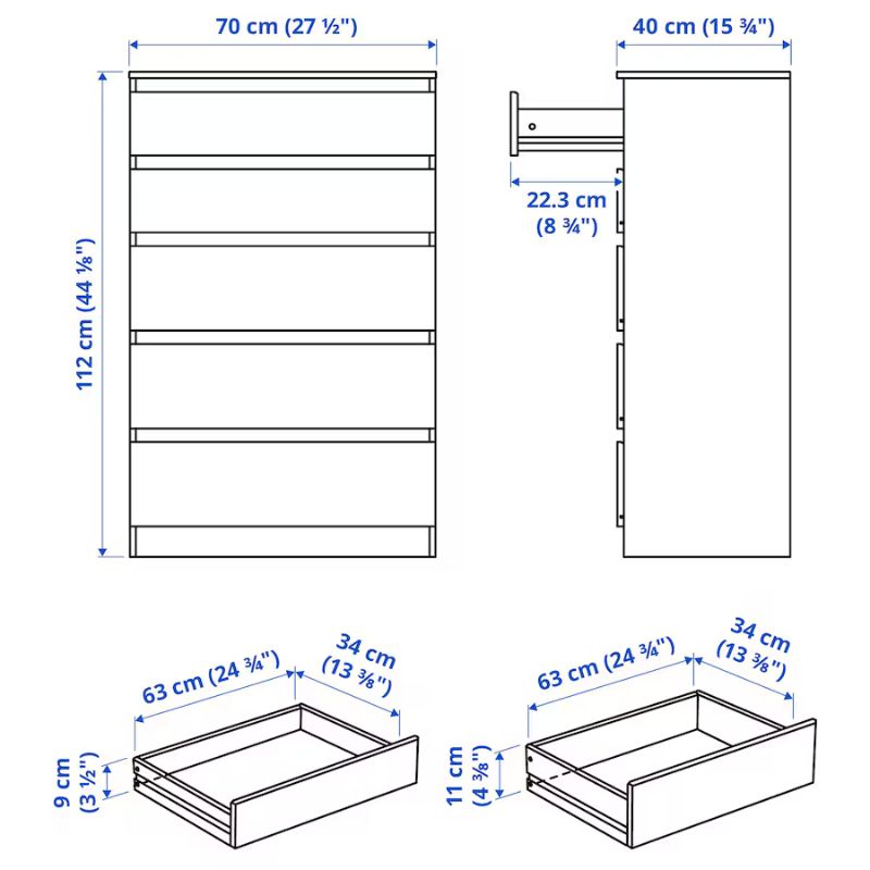 IKEA KULLEN Chest of 5 Drawers Black Brown 70X112 cm