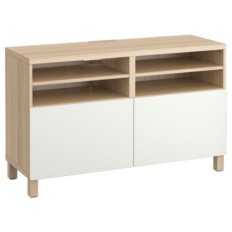 BESTA TV bench with doors white stained oak effect/Lappviken/Stubbarp white 120x42x74 cm