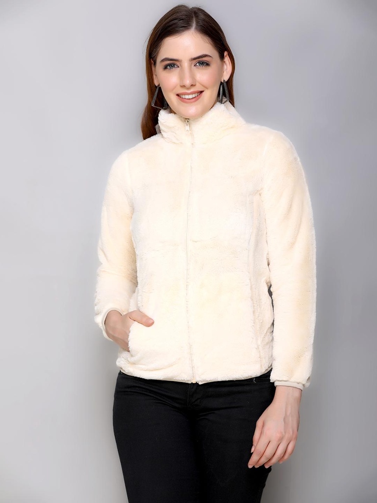 Ladies Collar Style Fancy Zipper Sweatshirt - 9085SS-9085SS-CREAM-L