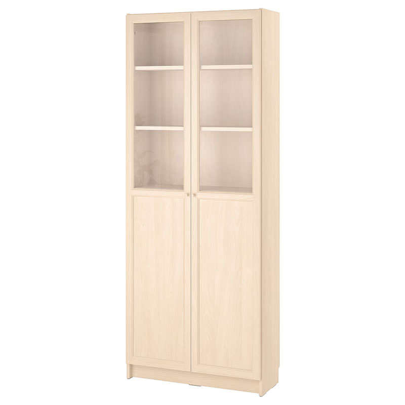 BILLY / OXBERG Bookcase with Panel/Glass Doors, Birch Effect, 80x30x202 cm