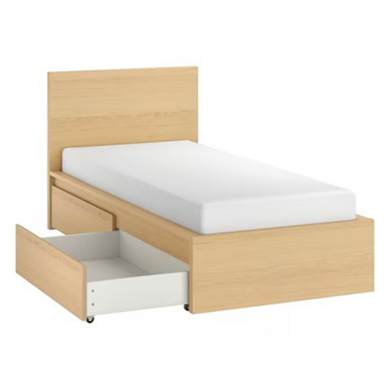 IKEA MALM Bed Frame, High, W 2 Storage Boxes, White Stained Oak Veneer, Luroy,90x200cm