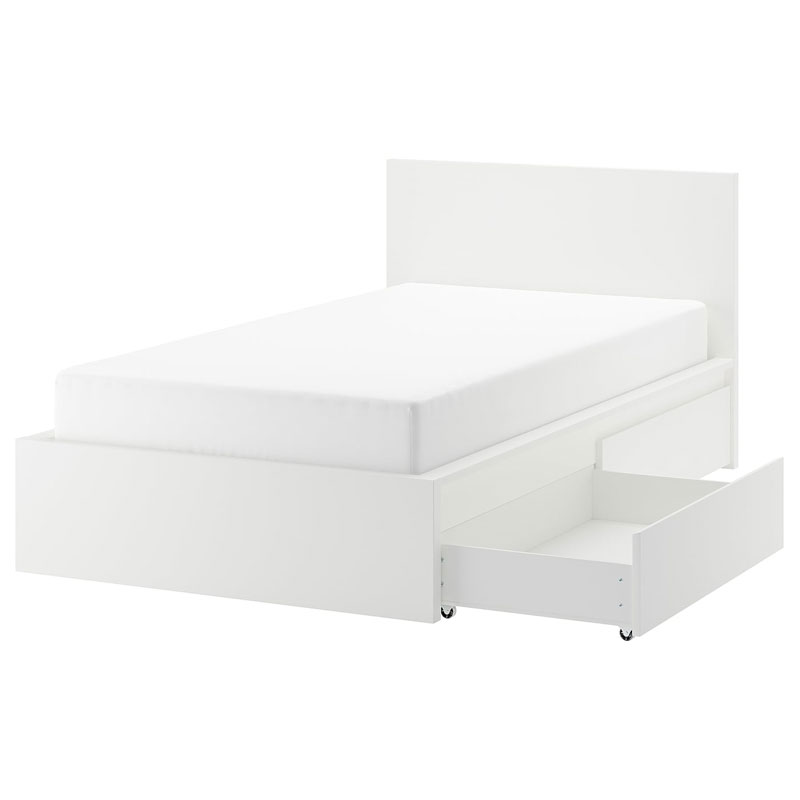 IKEA MALM Bed Frame, High, with 2 Storage Boxes, White, Luröy 120 X 200 cm