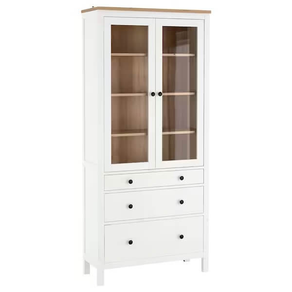 IKEA HEMNES Glass-Door Cabinet with 3 Drawers, White Stain, Light Brown