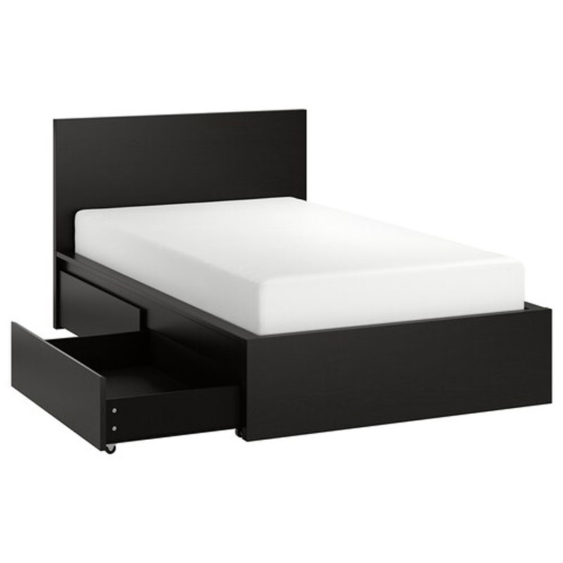 IKEA MALM Bed Frame, High, W 2 Storage Boxes, Black-Brown, Luröy 120 X 200 cm