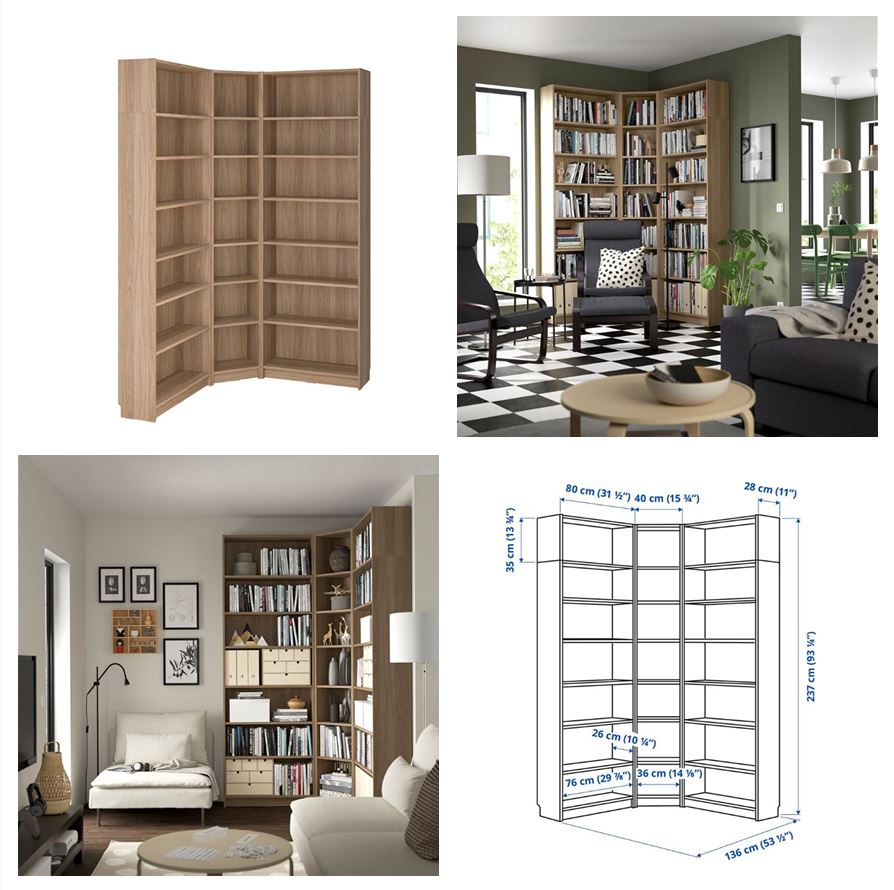 IKEA BILLY bookcase corner comb w ext units oak effect 136/136x28x237 cm