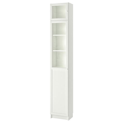 BILLY / OXBERG Bookcase w hght ext ut / pnl / glss drs, White/Glass