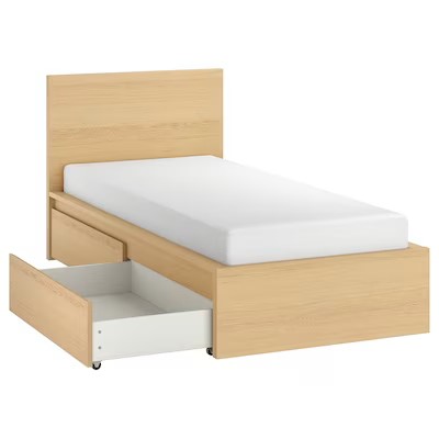 MALM Bed Frame, High, W 2 Storage Boxes, White Stained Oak Veneer, Luröy