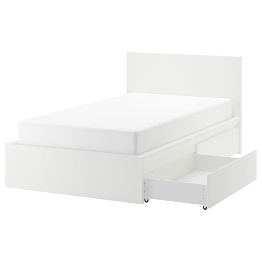 MALM Bed Frame, High, with 2 Storage Boxes, White, Luröy 120 X 200 cm