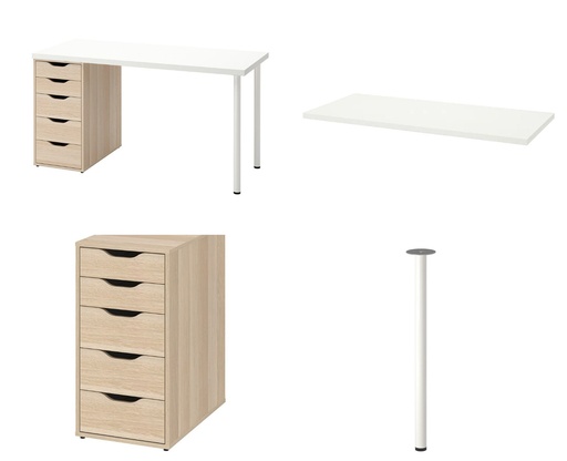 LAGKAPTEN - ALEX Desk White-White Stained Oak Effect 140X60 cm